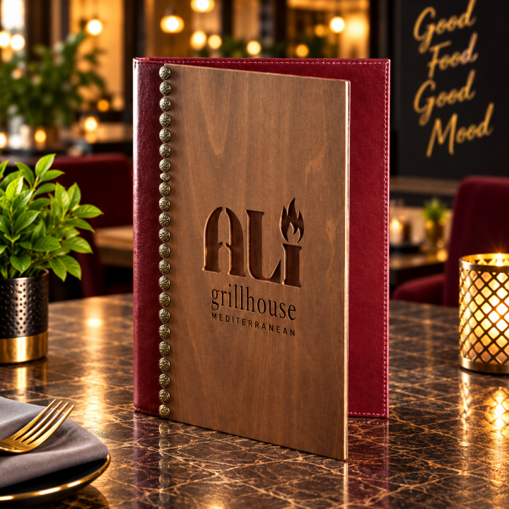 Spiralli Ahşap Kapaklı Deri Detaylı Logo Baskılı Restoran Menü